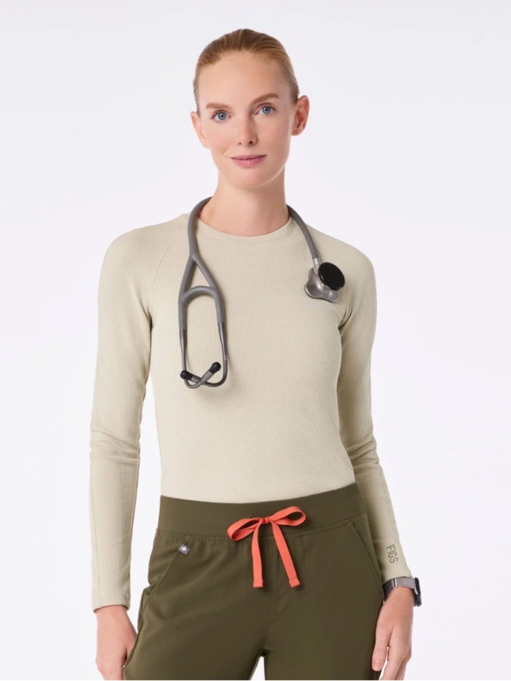 FIGS Women’s Long Sleeve Thermal Waffle Underscrub inTaupe